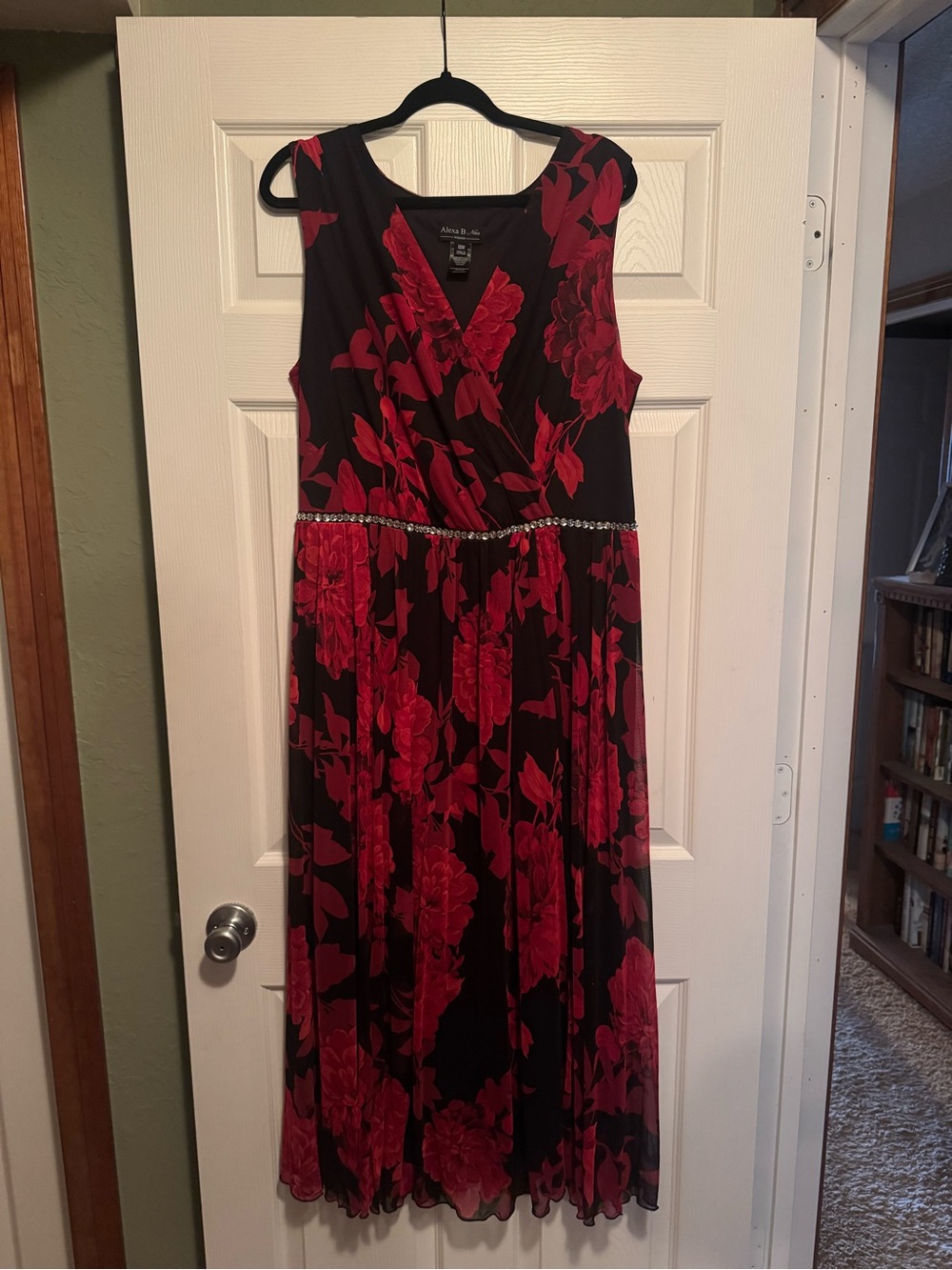 Alexa B Nites Sz 18W Black Red Floral Sleeveless Maxi Dress w/ Rhinestone Waist
